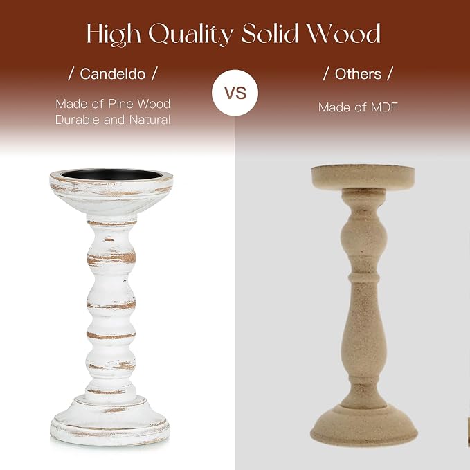 Candeldo Wood Candle Holders for Pillar, White Farmhouse Fireplace Decor | Set of 3, Table Centerpiece, Tall Shabby Chic Decor, Wooden Rustic Decoration for Mantle