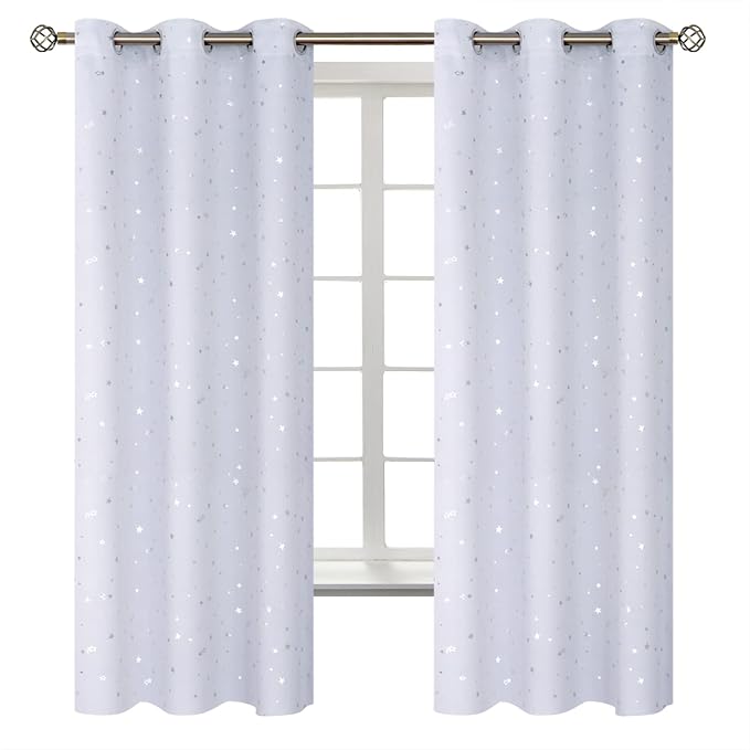 BGment Kids Room Curtains for Bedroom - Grommet Thermal Insulated Silver Star Print Room Darkening Curtains for Living Room, Set of 2 Panels, 42 x 63 Inch, Greyish White
