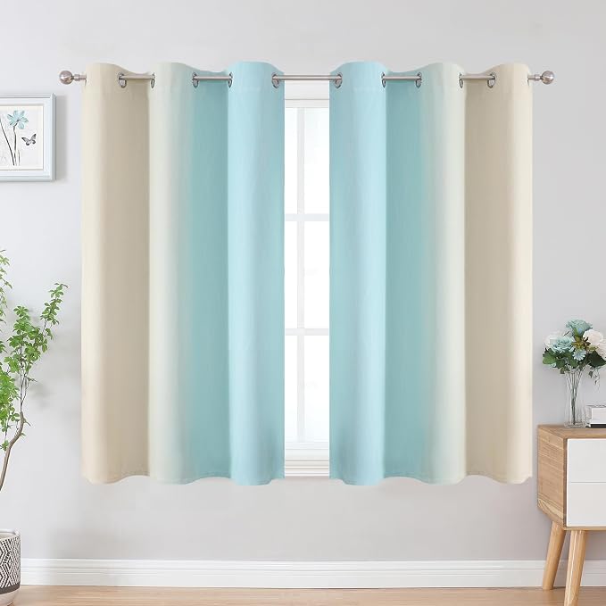 Estelar Textiler Beige and Aqua Ombre Blackout Curtains 54 Inch Length 2 Panels, Full Room Darkening Gradient Drapes, Thermal Insulated Grommet Short Curtains for Bedroom, 42Wx54L