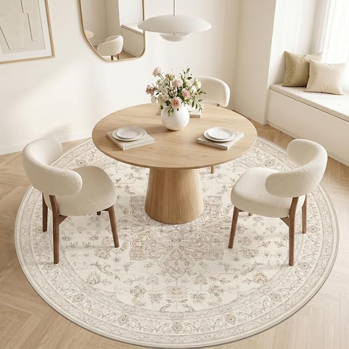 Round Area Rug for Living Room: 8ft Vintage Boho Neutral Washable Circle Rug Soft Large Circular Carpet for Bedroom Nursery Farmhouse Dining Room Office Floor Non-Slip Low Pile Under Table Beige White