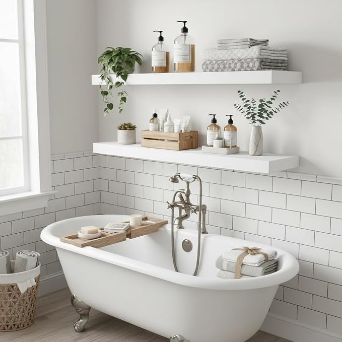 Vivelove 12 Deep Floating Shelves for Wall, 24/36/48/55 Inch Shelves for Room Wall Mounted, 2" Thick Floating Shelf for Living Room Bedroom Bathroom Kitchen Laundry Room, Set of 2 White