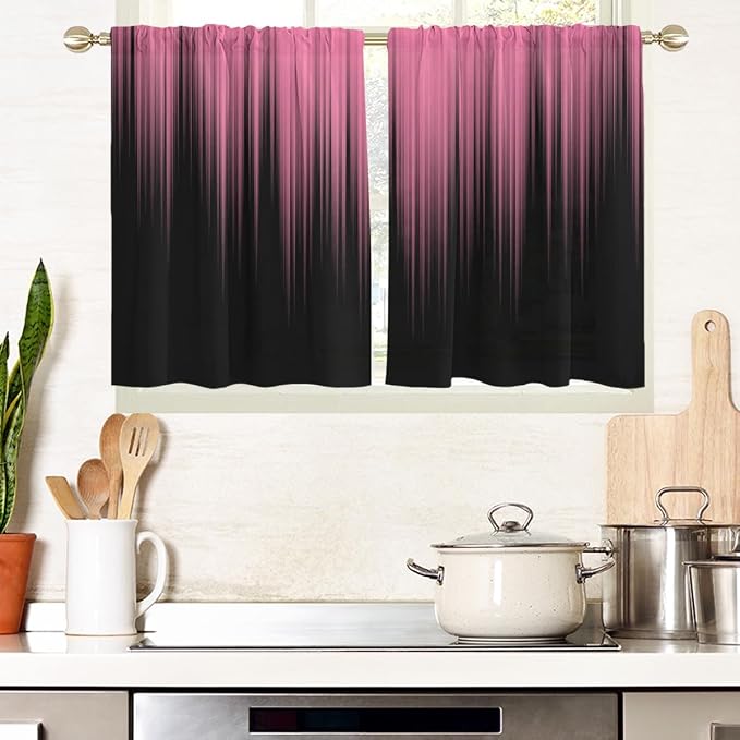 AAtter Pink and Black Kitchen Curtains, Ombre 27.5" W x 36" L, 2 Panels | Gothic Modern Abstract Striped, Cute Preppy Girls Style, Rod Pocket Bathroom Window Drapes, Small Short Tiers for Women