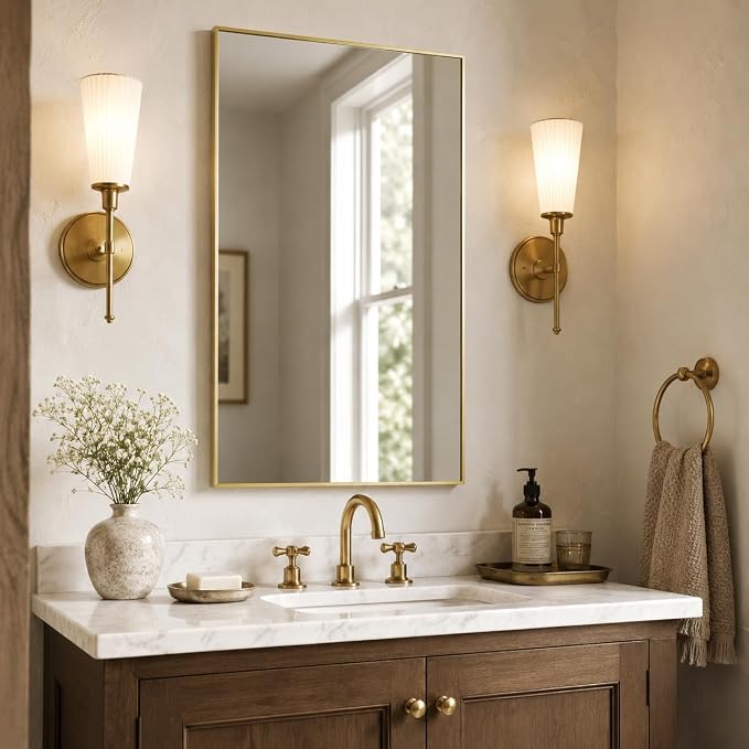 24"x36" Satin Gold Framed Rectangle Bathroom Vanity Wall Mirror | Over-Sink Vanity Mirror, Slim Metal Frame, Entryway or Dresser Use, Vertical/Horizontal Mount, Tempered Glass