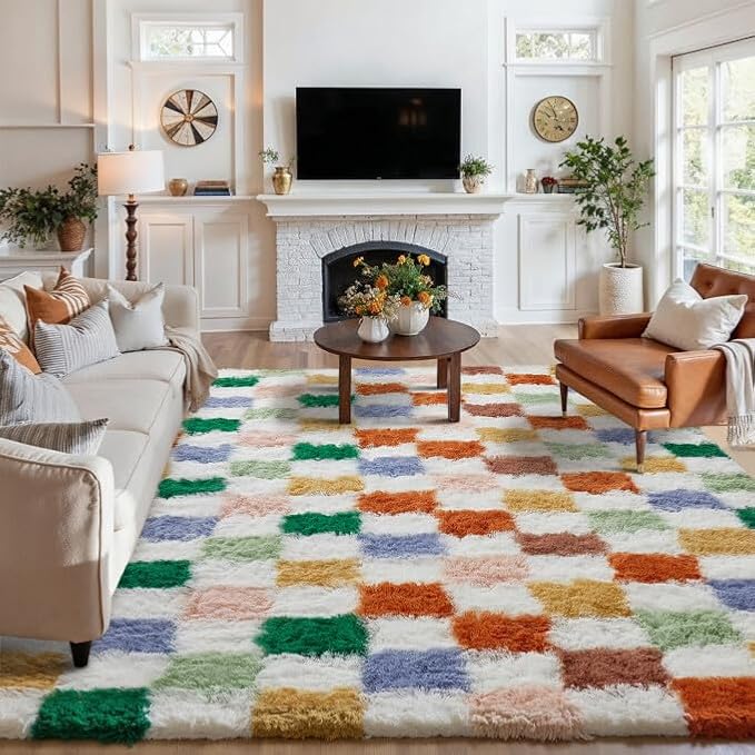 PureCozy 8'x10'+2'x6 Colorful Shag Rug Set of 2 with Runner for Living Room Bedroom Home Aesthetic Decor