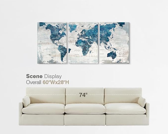 Canvas Wall Art Blue World Maps for Wall Office Living Room Artwork | Framed Large Pictures for Bedroom Conference Room Neutral Painting Modern Home Decorations 3 Piece