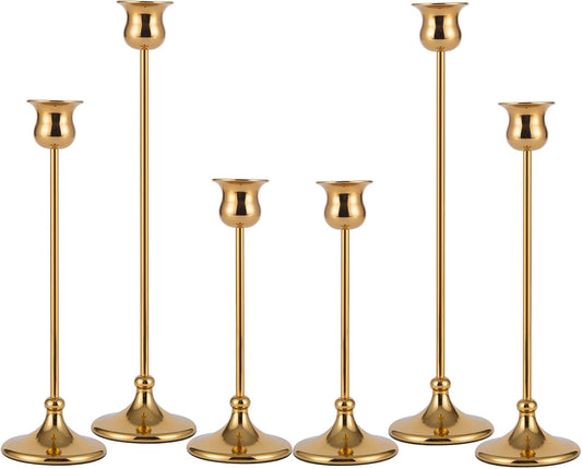 Taper Candle Holder Tall Vintage Metal Candlestick Holders Candle Stick Candelabra for Halloween Thanksgiving Christmas Holiday Wedding (Gold, 2 Sets (6 pcs))