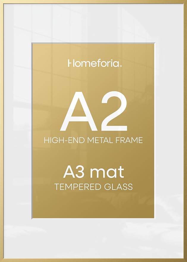 Homeoforia A2 Picture Frame Gold, High End Metal 16.5 x 23.5 inches Poster Frames with Mat 11.7 x 16.5 for Photo, A2 Size Frame Matted to A3 Print, 16.5 by 23.4 Hanging Frame, Tempered Glass, Set of 3
