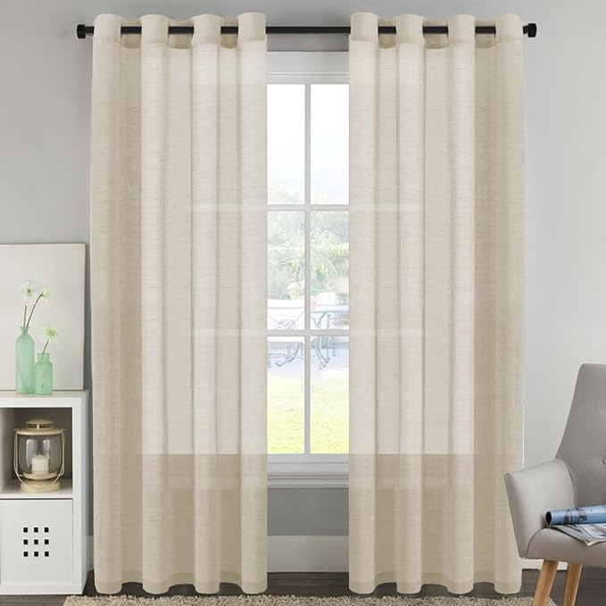 H.VERSAILTEX Linen Curtains Flax Linen Blended Curtain Panels for Living Room/Bedroom Semi Sheer Privacy Curtains 102 inch Length 2 Panels Set Nickel Grommet Window Drapes, Linen