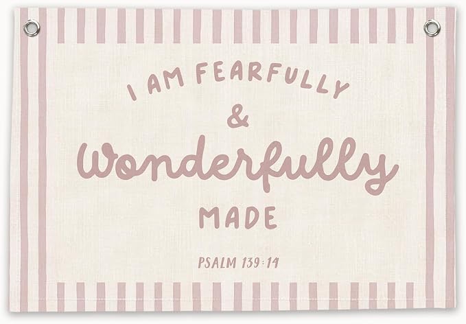 RTXLEZM Girls Room Decor,I Am Fearfully and Wonderfully Made Banner | Pink Christian Nursery Decor,Christian Canvas Banner Wall Hanging,Religious for Kids Room Classroom Bedroom Playroom, 20x30