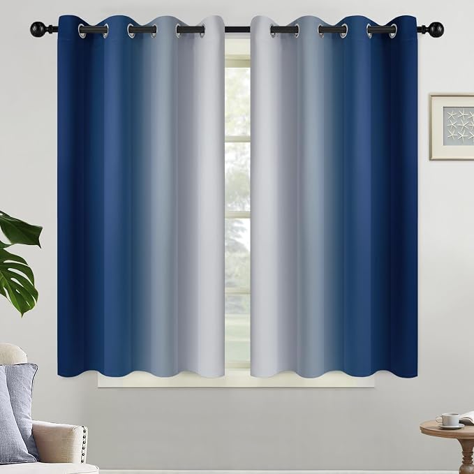 Yakamok Ombre Curtains Blue and Greyish White for Living Room,52Wx45L | Room Darkening Curtains 45,Thermal Insulated Gradient Color Drape,Light Blocking Grommet Window Curtains for Bedroom,2 Panels