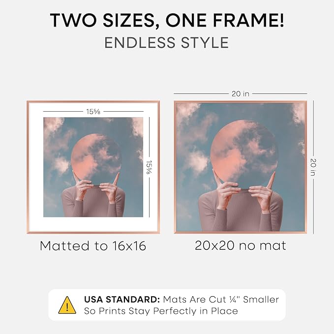 Homeforia 20x20 Picture Frame Rose Gold, High End Metal 20 x 20 Square Poster Frame with Mat 16 x 16 Photo, 20x20 Frame Matted to 16x16 Print, 20by20 Hanging Frames, Tempered Glass, Wall Kit, Set of 1