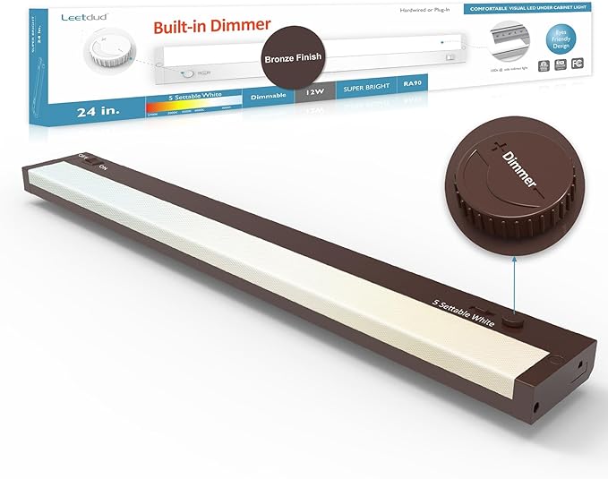 Leetdud Under Cabinet Lighting Plug in or Hardwired Built-in Dimmer, 24 Inch 12W, 5CCT 2700/3000/3500/4000/5000K, Linkable Counter Lights for Kitchen, ETL Dimmable LED Light Fixture, Bronze