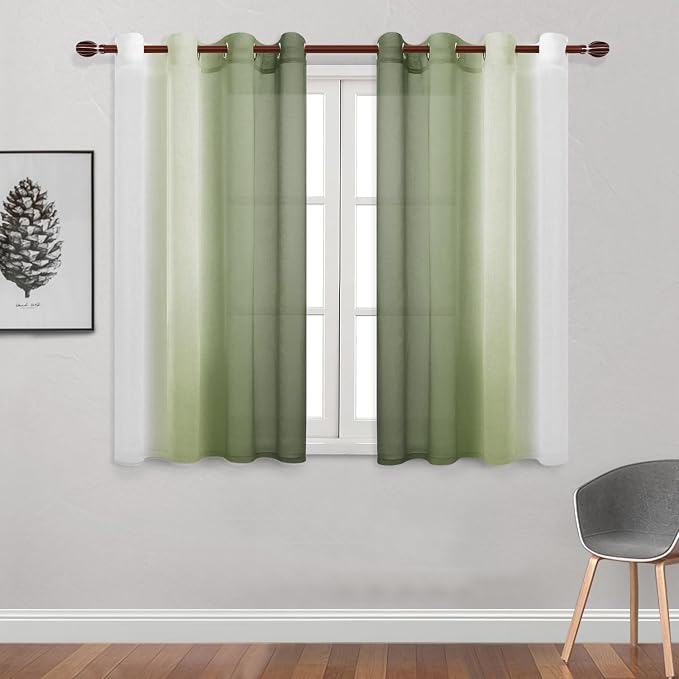 DWCN Ombre Sheer Curtains - Set of 2 Short Window Curtain Panels, Faux Linen Semi Voile Grommet Top Gradient Curtains for Bedroom and Living Room, 52 x 54 Inch Length, Light Olive Green