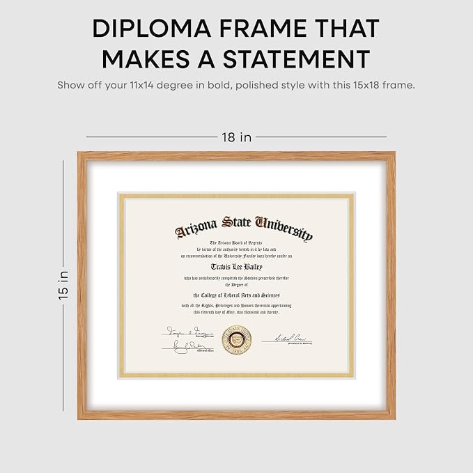 Homeforia 15x18 Diploma Wood Frame, High End Natural Oak 15 x 18 Certificate Frames with Mat for 11x14, 18x15 Document Matted Frame, Graduation Degree Wooden Frames, Tempered Glass, Wall Kit, Set of 1