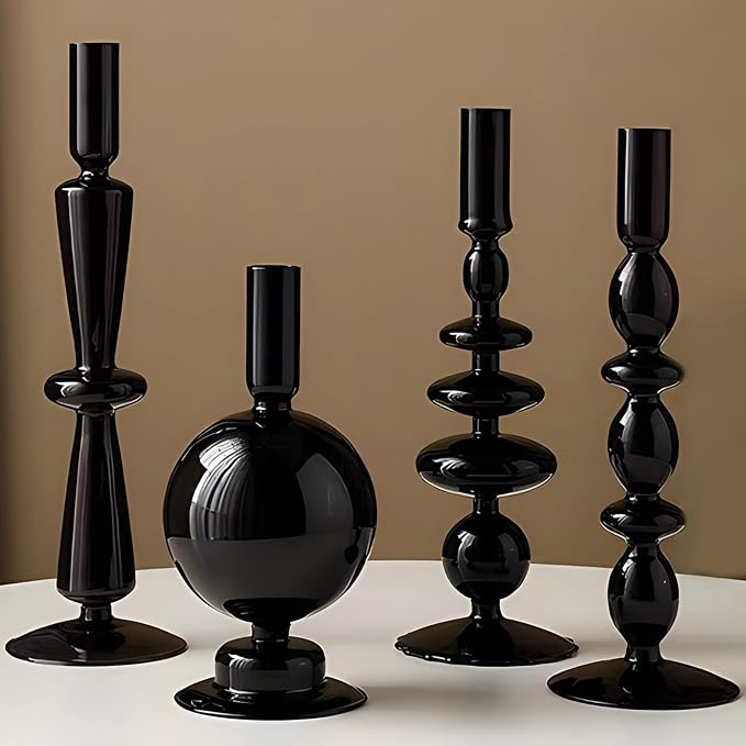 Candle Stick Candle Holder, Glass Candle Holders for Table Centerpiece, Modern Style Black Candle Holder Mixed 4pcs