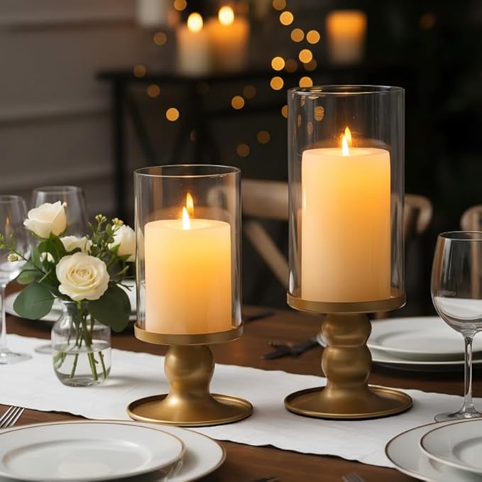NITIME 2Pcs Hurricane Candle Holder for Pillar Candles, Gold Candle Holders with Clear Glass Sleeve for Table Centerpieces,Pillar Candle Holders for Home Decor, Wedding, Holiday and Party Decor