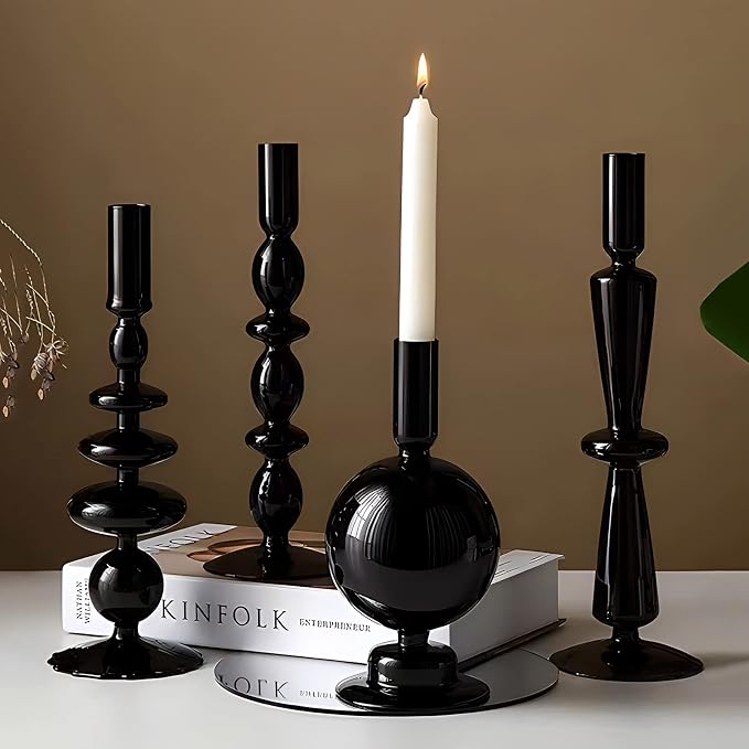 Candle Stick Candle Holder, Glass Candle Holders for Table Centerpiece, Modern Style Black Candle Holder Mixed 4pcs