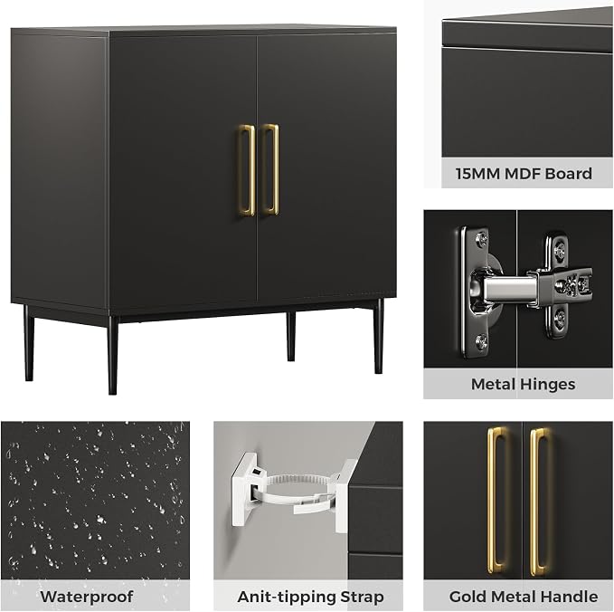 Set of 3 Black Storage Cabinet with Doors, Modern Accent Cabinet, Free Standing Cabinet with Adjustable Shelf, Wooden Buffet Sideboards for Living Room, Kitchen, Dining Room, Entryway