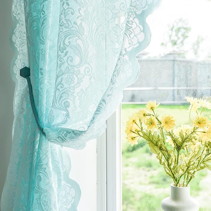 ALIGOGO Green Beach Curtains 72 Inch Length - Bright Rustic Lace Floral Costal Curtains for Bedroom, Rod Pocket Saclloped Edges Privacy Teal Sheer Summer Window Treatments 2 Panles, Mint Green