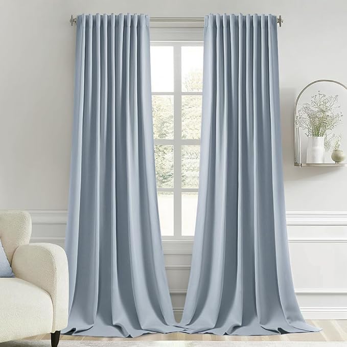 MIULEE Light Blue Back Tab Blackout Curtains 108 Inch Long 2 Panels Set for Bedroom, Rod Pocket/Pinch Pleat Extra Long Thermal Insulated Living Room Darkening Pleated Light Blocking Drapes