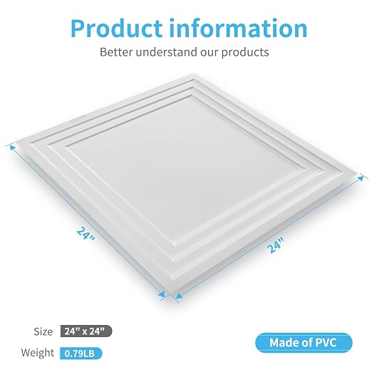 Art3d 12-Pack 24×24 Inch PVC Waterproof Drop Ceiling Tiles for Home Décor - 2x2 ft 3D Modern Ceiling Panel for Suspended Grid, White