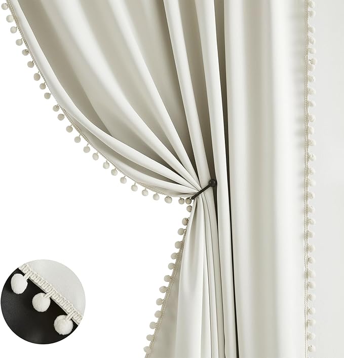 Treatmentex Pom Pom Blackout Curtains Ivory Short Natural Thermal Insulated Window Drapes for Kids 52"X54"L 2pc Rod Pocket