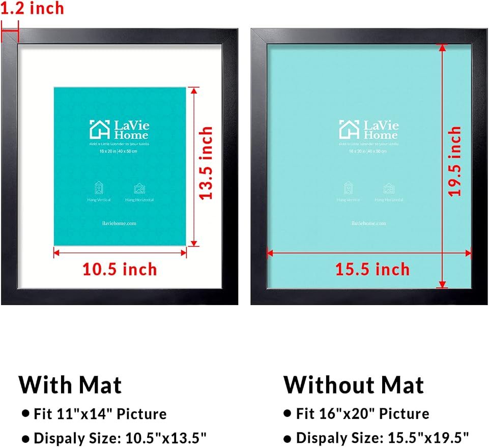 LaVie Home 16x20 Picture Frame Black Poster Frame,Display Pictures 11x14 with Mat or 16x20 Without Mat, Stable and Sturdy Frame and Polished Plexiglass, Horizontal and Vertical Format of The Walls