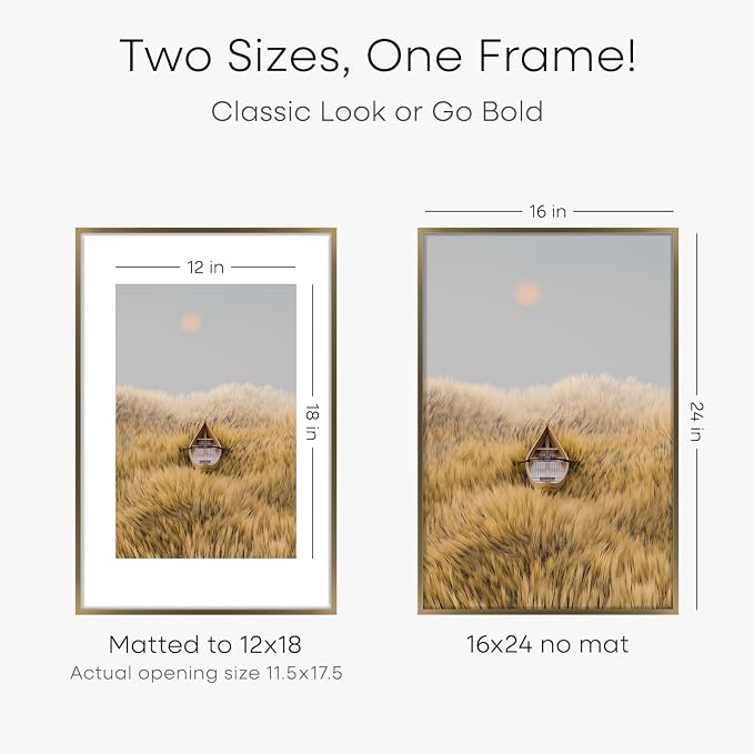 Homeforia 16 x 24 Bronze Frame, High End Metal 16x24 Brass Picture Frames with Mat 12x18 Photo, 16 x 24 Poster Frames Matted to 12 by 18 Print, 24x16 Hanging Frames, Tempered Glass, Wall Kit, Set of 3