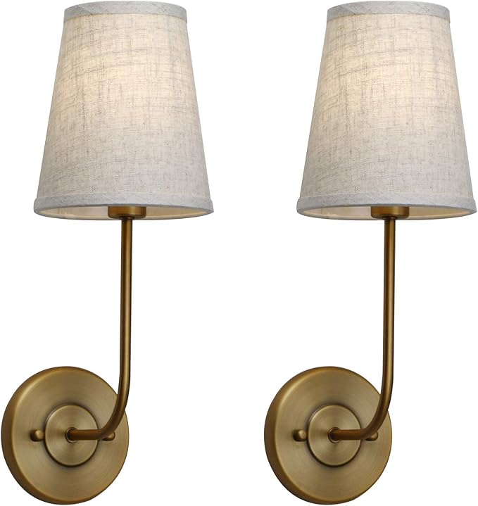 PERMO Set of 2 Rustic Vintage Wall Sconce Light Fixture with Flared Funnel Linen Fabric Shade Nightstand Lamps for Bedrooms Bedside Reading (Antique Brass)