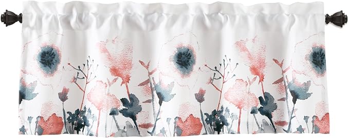 Lush Decor Zuri Flora Room Darkening Valance Curtain Single 52" W x 18" L + 2" Header Blue & Coral - Valances for Windows - Floral Kitchen Curtains