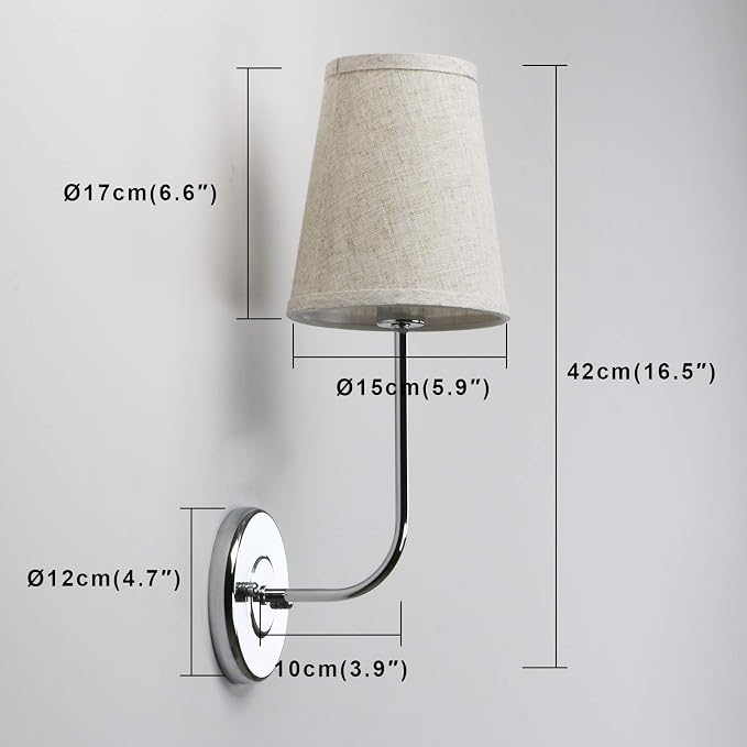 Permo Single Classic Rustic Industrial Wall Sconce Light Fixture with Flared Funnel Linen Fabric Shade Nightstand Lamps for Bedrooms Bedside Reading (Chrome)