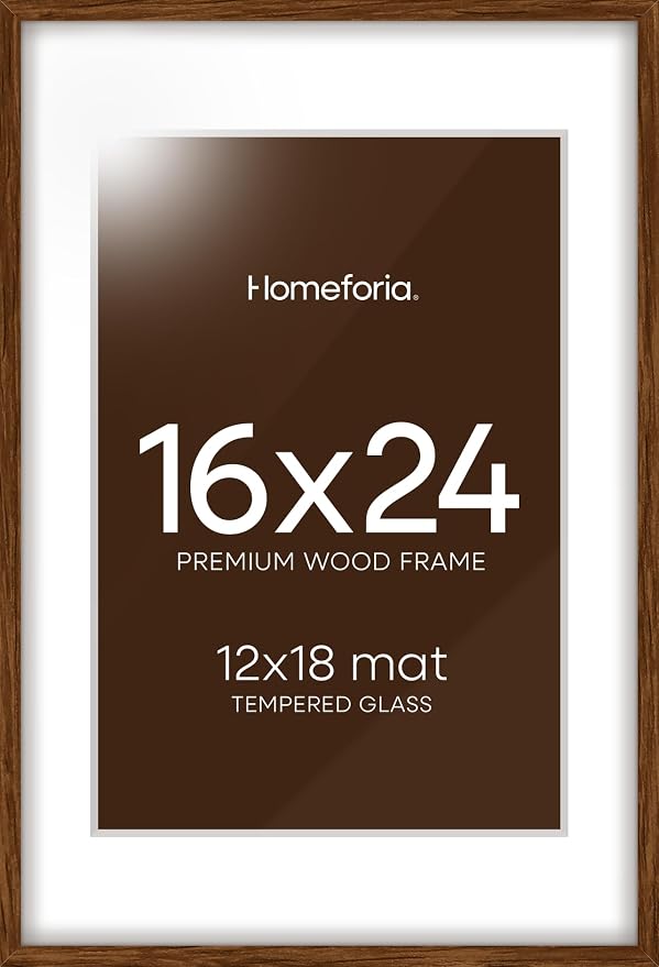 Homeforia Walnut Picture Frame 16x24, High End Dark Oak 16x24 Brown Wooden Frames with Mat 12x18, 16 x 24 Wood Poster Frame Matted to 12 by 18, 24x16 Hanging Frames, Tempered Glass, Wall Kit, Set of 2