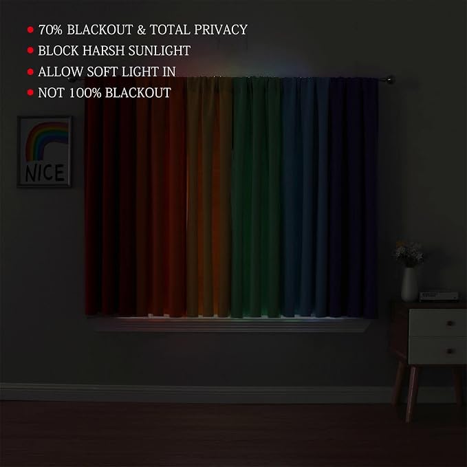 THOOO 6 Panel Blackout Rainbow Curtains for Bedroom & Living Room - 54 Inch Length, Room Darkening, Rod Pocket, Colorful Drapes in Red, Orange, Yellow, Green, Blue, Purple