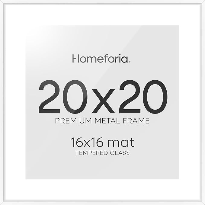 Homeforia 20x20 Picture Frame White, High End Metal 20x20 Square Poster Frame Matted to 16x16 Print, 20 x 20 White Frames with Mat 16 x 16 Photo, 20by20 Thin Frames, Tempered Glass, Wall Kit, Set of 2