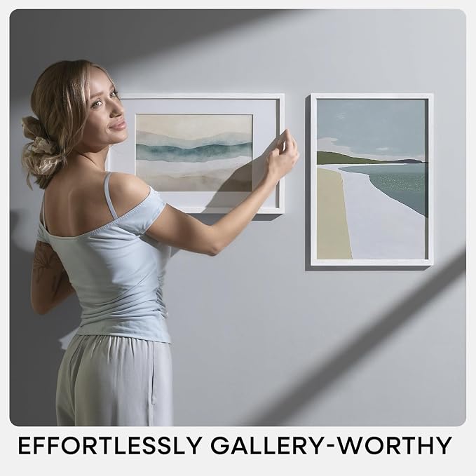 Homeforia A2 White Wood Frame, High End Oak 16.5 x 23.4 White Wooden Poster Frames Matted to 11.7 by 16.5 in Photo, A2 Size Wood Picture Frame with Mat A3 for Print, Tempered Glass, Wall Kit, Set of 2