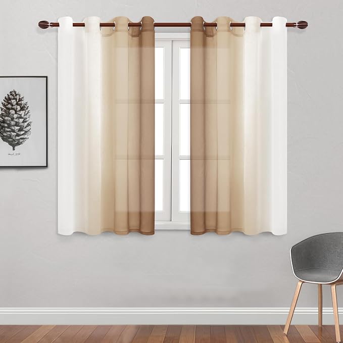 DWCN Taupe Faux Linen Ombre Sheer Curtains - Short Curtains Gradient Semi Voile Curtains for Kitchen and Living Room, Set of 2 Grommet Top Window Curtain Panels, W52 x L54 Inches, Taupe