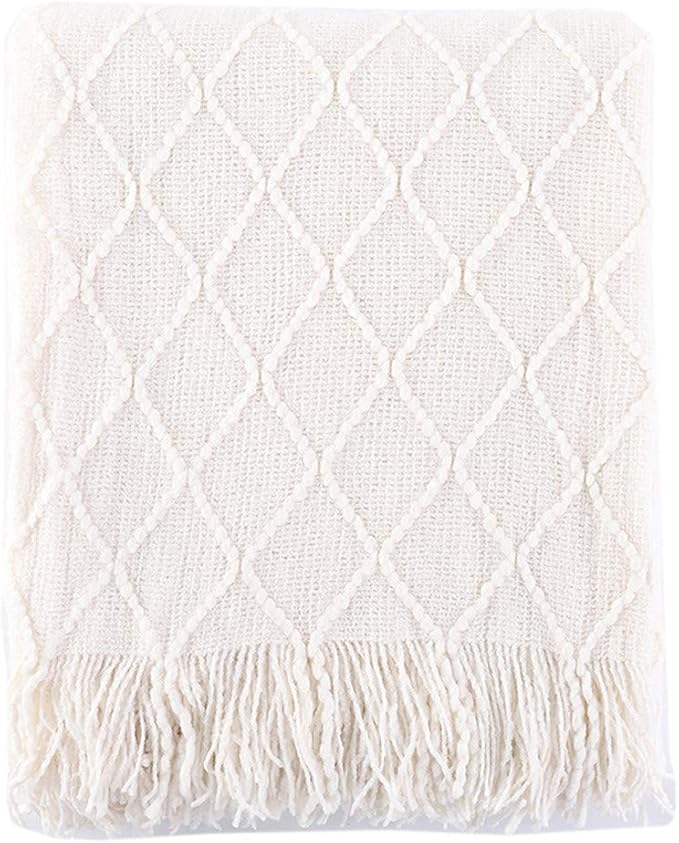 BATTILO HOME Large Cream Throw Blanket with Fringe, End of Bed Throw Blankets White,Spring Throw Blanket for Couch Sofa Indoor Outdoor, 52"x80"