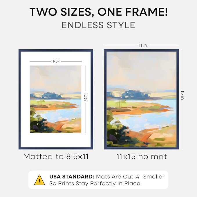 Homeforia 11x15 Picture Frame Navy Blue, High End Metal 11x15 Wall Hanging Frame with Mat 8.5x11, 11 x 15 Poster Frames Matted to 8.5 x 11 inch Photo, 11by15 Frames, Tempered Glass, Wall Kit, Set of 2