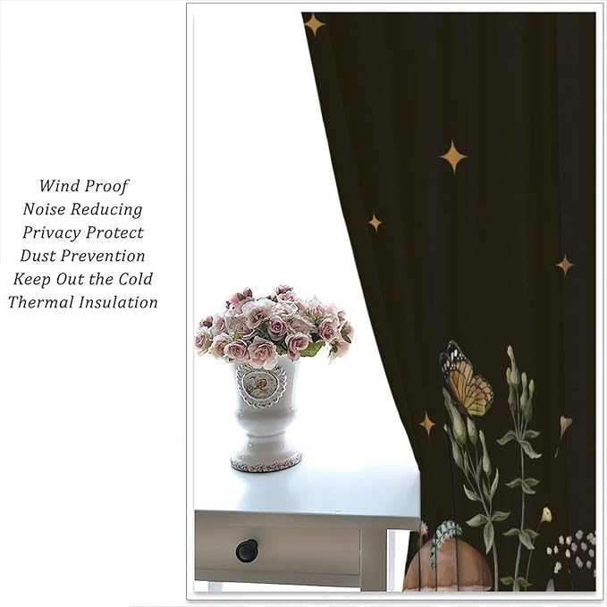 Wild Mushroom Blackout Curtains,Retro Floral Plants Boho Moon Star Window Drapes,Butterfly Botanical for Living Room Kitchen Bedroom,Black Background 72x63in