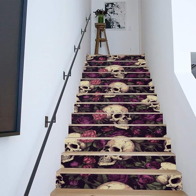 REDAMANCY Vintage Purple Rose Floral Skull Gothic Peel and Stick Vinyl Stair Riser Decals Staircase Tile Stickers Decor Modern Marble Decoration Self-Adhesive(14 Pcs)