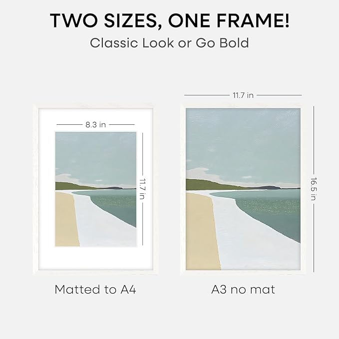 Homeforia A3 Picture Frame White Wood, High-End Oak 11.7 x 16.5 White Poster Frames Matted to 8.3 by 11.7 Photo, 11.7x16.5 Size Wooden Frame with Mat 8.3x11.7 Print, Tempered Glass, Wall Kit, Set of 2