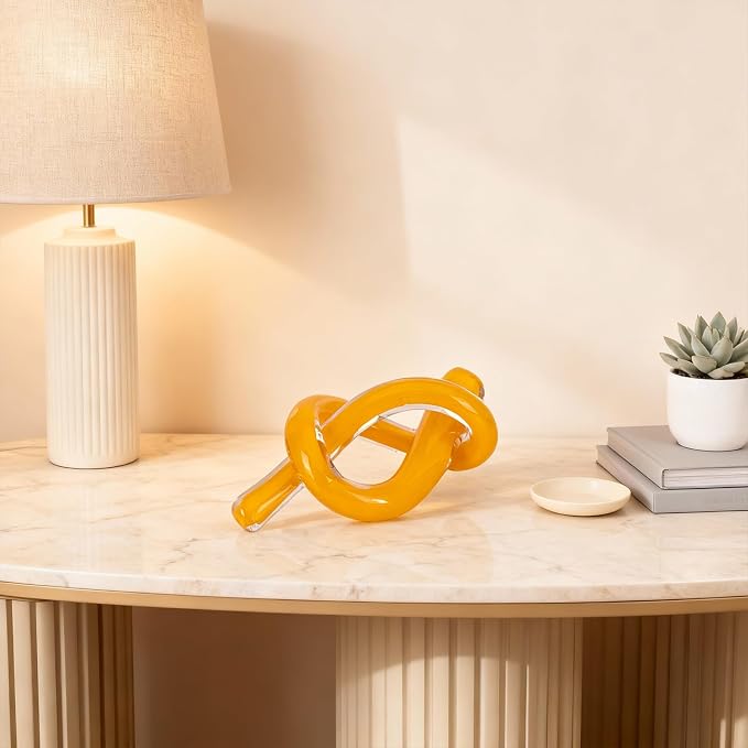 LCCCK Yellow Abstract Glass Knot Sculpture, Hand Blown Glass Decor for Coffee Table TV Cabinet, Shelf or Mantel Accent, Modern Knot Art for Coastal Living Room Tabletop Knick Knacks
