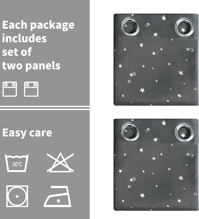 BGment Kids Blackout Curtains for Bedroom - Grommet Thermal Insulated Silver Star Print Room Darkening Curtains for Living Room, Set of 2 Panels (52 x 63 Inch, Dark Grey)