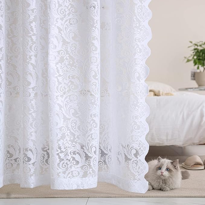 ALIGOGO White Lace Sheer Curtains 108 Inch Long, Vintage Flower Pattern Country Extra Long Curtains for Living Room Rod Pocket 2 Panels 52 W x 108 L Inch, White