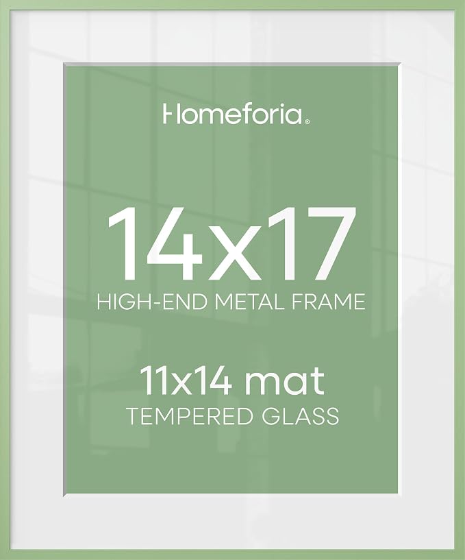 Homeforia 14x17 Picture Frame Sage Green, High End Metal 14x17 Poster Frames with Mat 11x14 inch Photo, 14 x 17 Sage Green Frame Matted to 11 by 14 Art, 17x14 Frame, Tempered Glass, Wall Kit, Set of 2