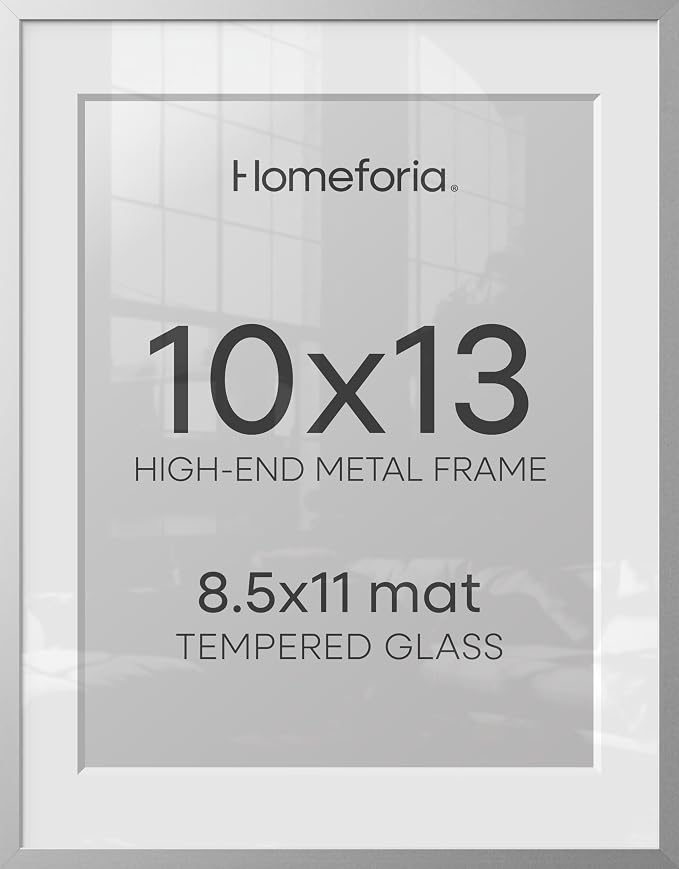 Homeforia 10x13 Picture Frame Silver, High End Metal 10x13 Frames with Mat 8.5x11, 10 x 13 Silver Poster Frames Matted to 8.5 x 11 inch Photo, 10by13 Hanging Frames, Tempered Glass, Wall Kit, Set of 2