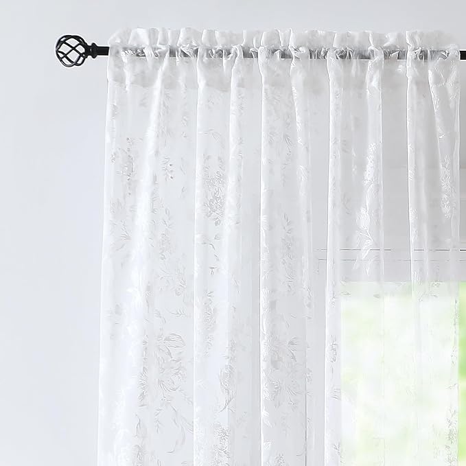Treatmentex Floral White Lace Curtains 63 inch Length, French Rose Embroidered Sheer Curtains for Living Room Bedroom, Light Filtering Lace Window Drapes Rod Pocket 54" w 2Panels