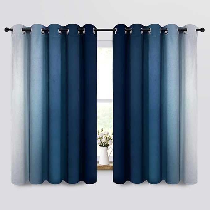 Yakamok Ombre Curtains Blue and Greyish White for Living Room,70Wx63L | Room Darkening Curtains 63,Thermal Insulated Gradient Color Drape,Light Blocking Grommet Window Curtains for Bedroom,2 Panels