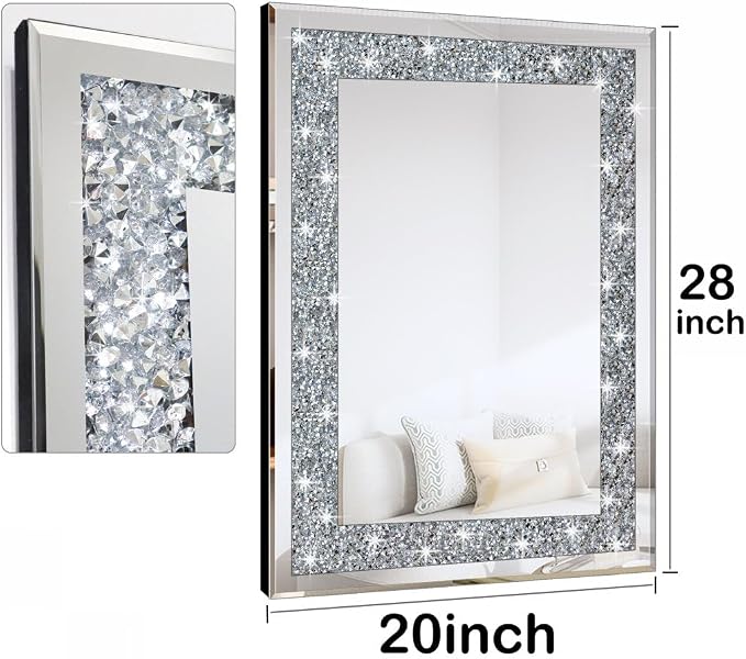 QMDECOR Crystal Crush Diamond Rectangle Silver Mirror for Wall Decoration 20x28inch Wall Hang Frameless Mirror Glass Diamond Decor.