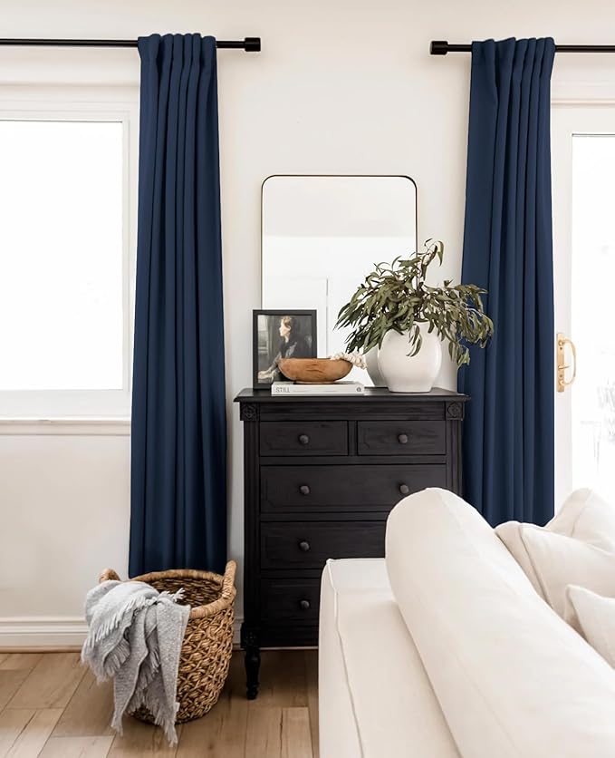 INOVADAY 100% Blackout Curtains 90 Inches Length 2 Panels Set, Back Tab/Rod Pocket Linen Black Out Curtains for Bedroom, Thermal Insulated Window Drapes - Midnight Blue, W50 X L90